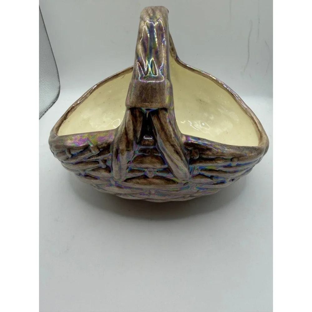 Vintage Mary Ann Signed Iridescent Ceramic Basket Weave Bowl Luster Glaze Brown